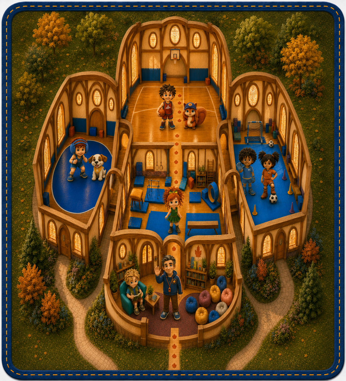 A cutaway view of the Maple Grove Rec Center showing the Kids Club friends in the gym, soccer room, craft room, and lounge