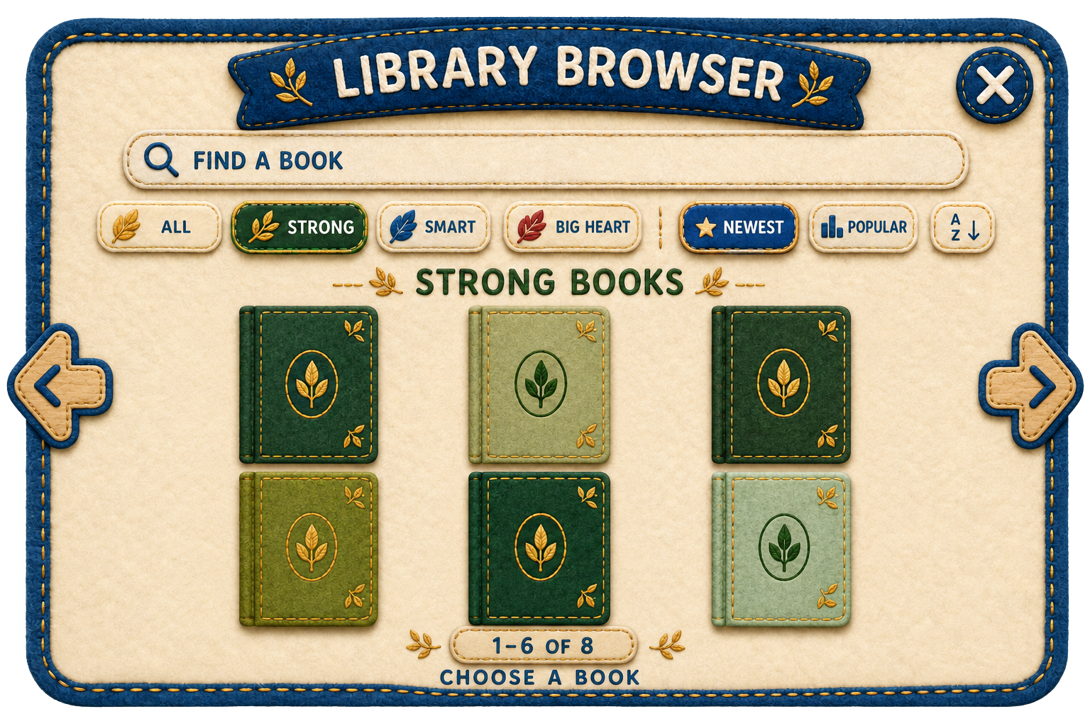 Library Browser with a book search, Power Leaf filters, six book choices, page arrows, and a close button
