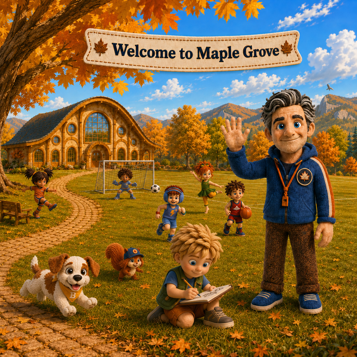 Welcome to Maple Grove. Coach B waves beside Buddy and the Kids Club friends playing outside the clubhouse.