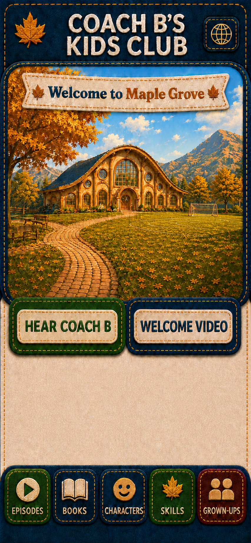 Welcome to Coach B’s Kids Club at the illustrated Maple Grove clubhouse, with Strong, Smart, and Big Heart skill badges.