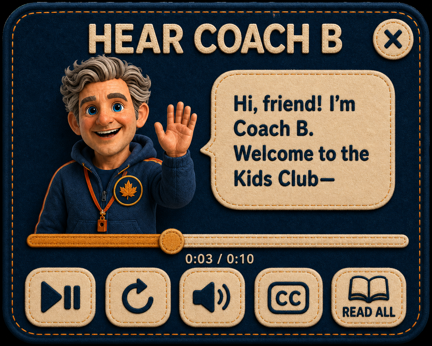 Hear Coach B audio player with Coach B waving, a welcome caption, progress bar, and five stitched controls.