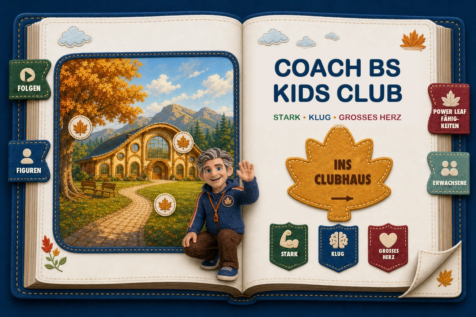 Ein offenes, fühlbares Bilderbuch mit dem illustrierten Clubhaus, Coach B, genähten Kapitelreitern und drei Fähigkeitsabzeichen.